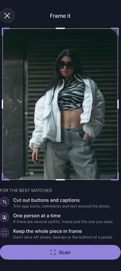 Gatekey's Frame it screen with the same photo inside a crop box, above a Scan button.